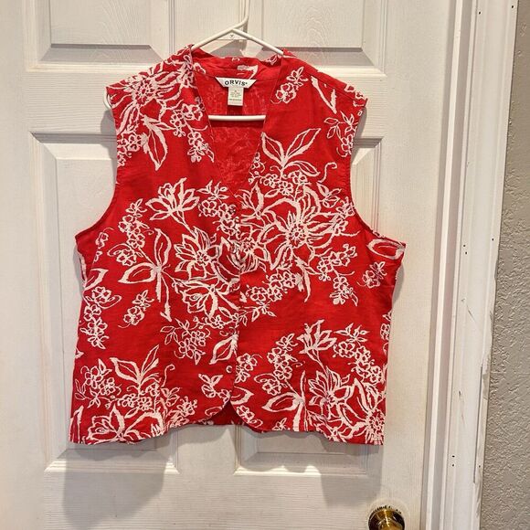 Orvis Pink White Floral 100% Linen Sleeveless Button Down Vest Top Size XL‎ - Picture 1 of 8